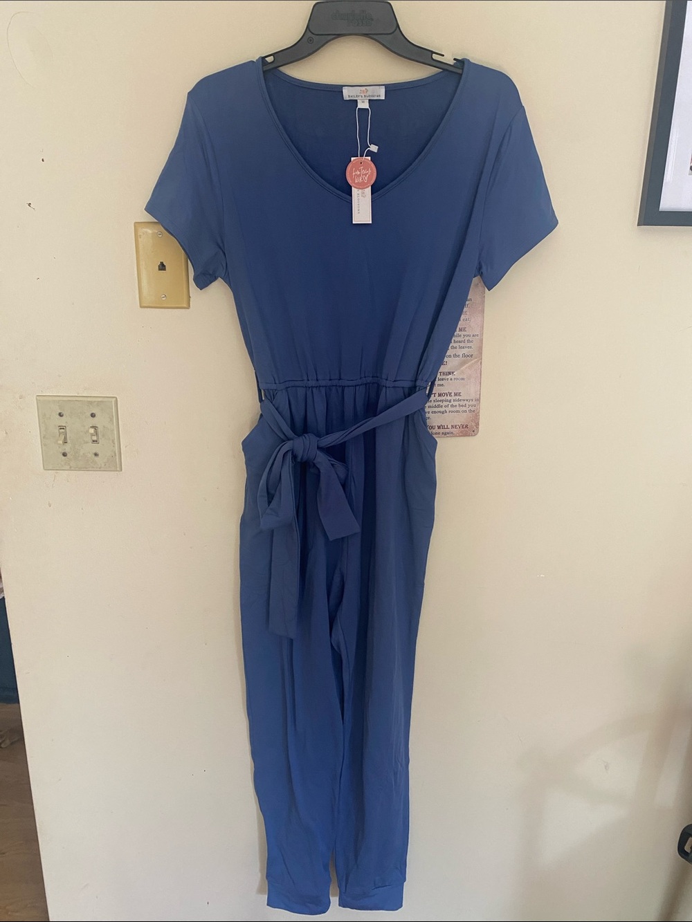 Bailey’s Blossoms Blue Short Sleeve Jogger style Jumpsuit w/ Pockets & Belt US M